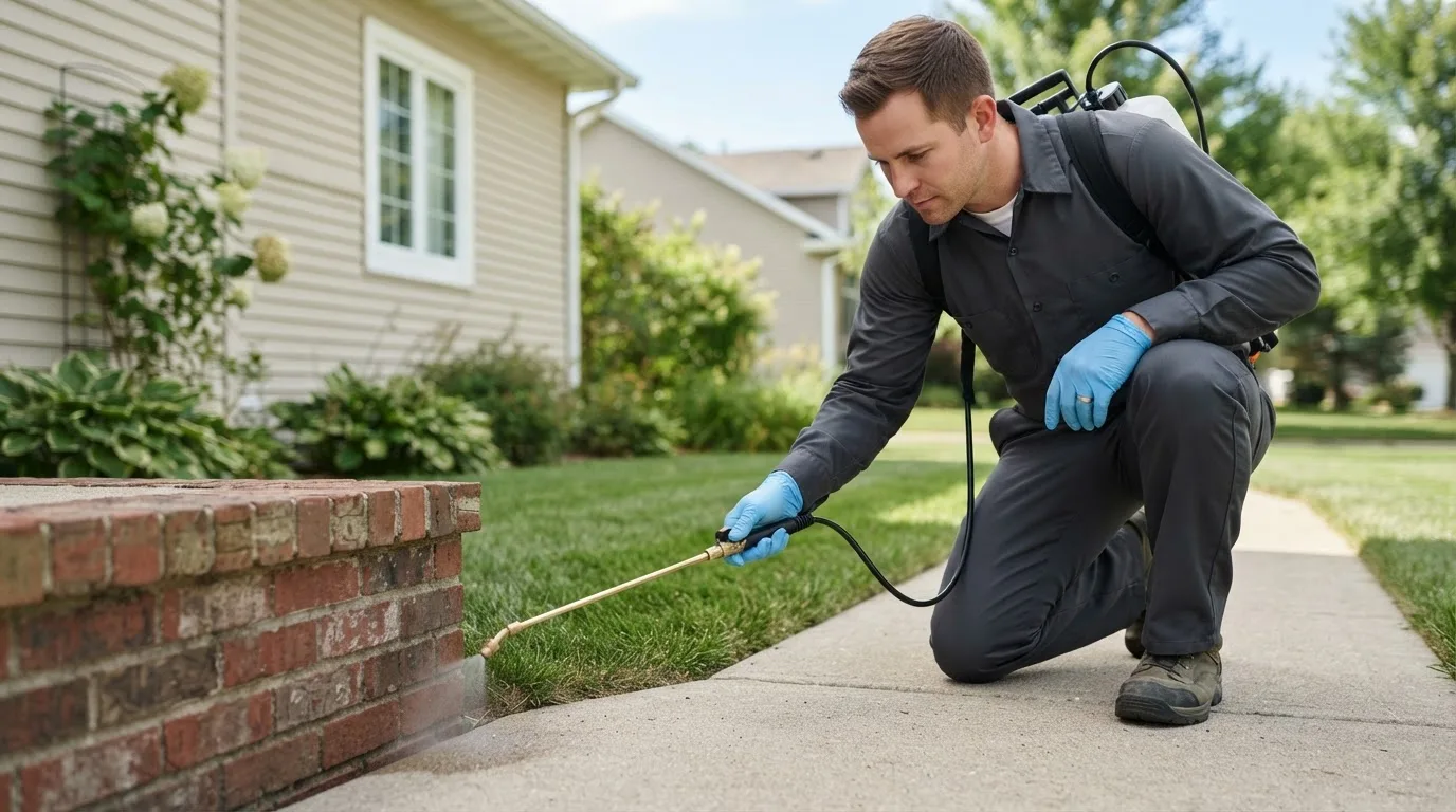 Pest control technician treating a home near Bennington, NE