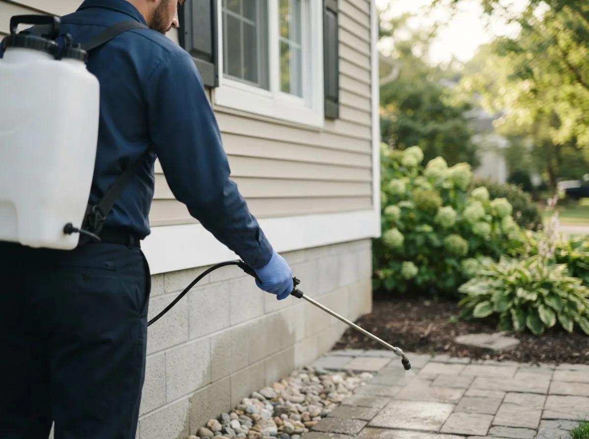 Pest control technician inspecting a home in Bennington, NE